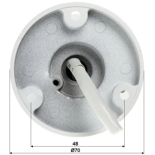 The image shows a round, metallic camera mounting bracket with a central cable outlet and three screw holes for secure attachment. The bracket has a diameter of 70mm and a depth of 48mm, designed for easy installation.