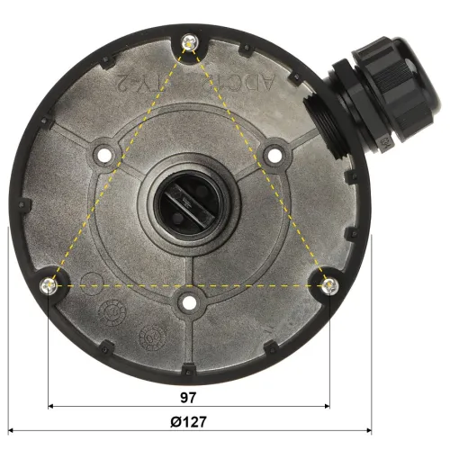 The image shows a round, black camera mounting bracket with a triangular arrangement of screw holes for secure attachment. It features a cable entry point on the side, designed for easy installation and connectivity.