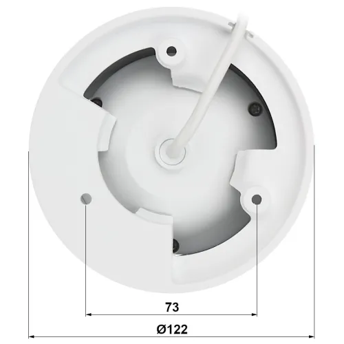 The image shows the underside of a white, circular camera mount with a cable extending from the center. The mount features three screw holes for secure attachment and has dimensions marked as 73mm and 122mm in diameter.