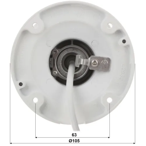 The image shows the rear view of a white camera mount with a central cable connection and metal bracket. The mount has a circular design with measurement indicators for installation.