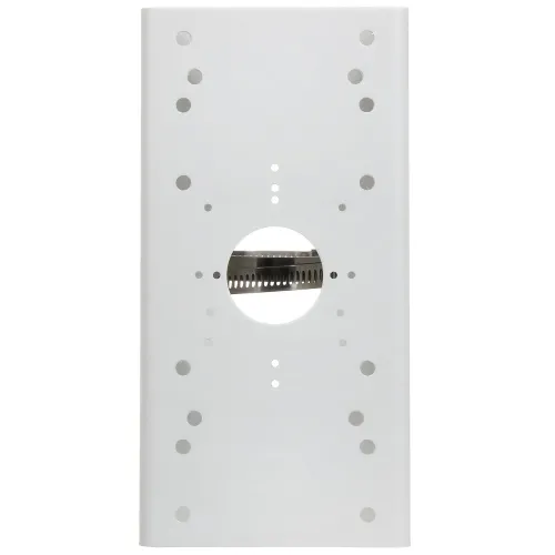 A white rectangular metal mounting bracket with multiple holes and a central circular cutout designed for securing a camera. The bracket features a sleek design with evenly spaced perforations for versatile installation options.
