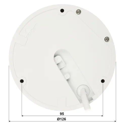 The image shows a round, white camera mounting bracket with a cable entry point and three visible screws for secure attachment. The dimensions are marked, indicating a diameter of 126 mm and a width of 95 mm.
