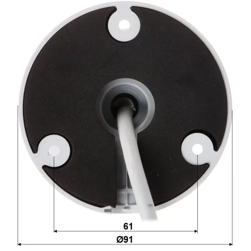 The image shows the bottom view of a round camera mount with a central cable outlet and three screw holes for secure attachment. The mount has a black inner surface with a white outer rim, and dimensions are marked for reference.