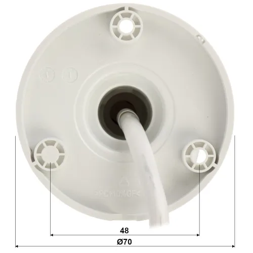 The image shows a white, circular camera mounting base with a central cable entry point. It features four screw holes for secure attachment and is designed for easy installation.