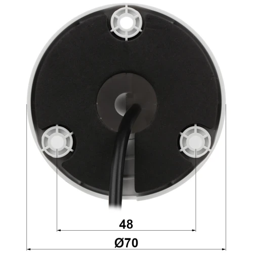 The image shows the bottom view of a round camera mount with a central cable outlet and four screw holes for secure attachment. The mount has a diameter of 70mm and a central section measuring 48mm.