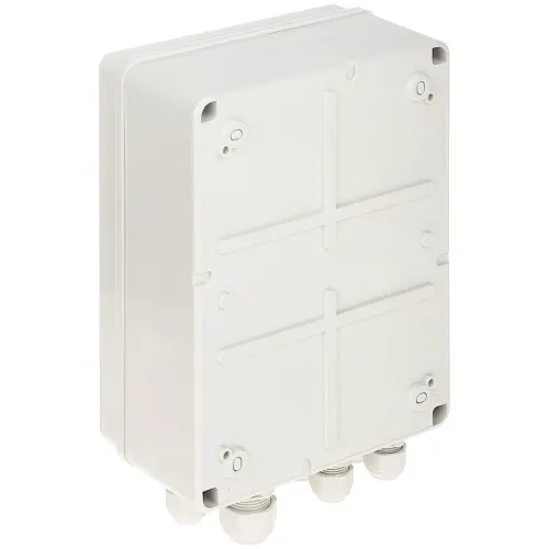 A white, rectangular electrical junction box with a smooth surface and multiple cable entry points at the bottom. The box features a secure lid with four corner screws for easy access and installation.