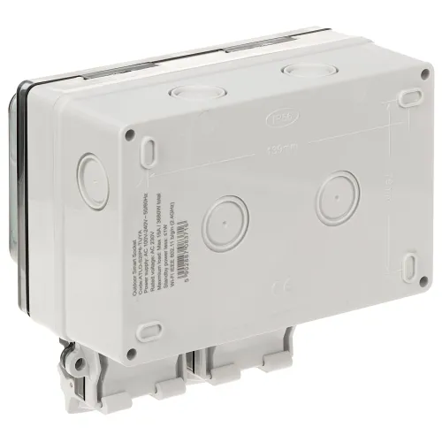 The image shows a durable, rectangular electrical junction box with multiple entry points and a secure mounting system. It features a robust, weather-resistant design suitable for outdoor installations.