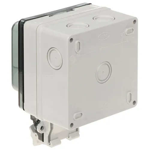 The image shows a gray, weatherproof electrical junction box with a transparent cover, designed for outdoor use. It features multiple entry points and a secure mounting bracket for easy installation.