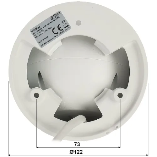 The image shows the underside of a white, dome-shaped IP camera with visible mounting holes and a cable extending from the base. The camera features a smooth, rounded design and is labeled with brand and certification details.