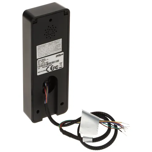 The image shows the back view of a black electronic device with a speaker grille and a label displaying technical information. A bundle of multicolored wires extends from the bottom, wrapped in a protective sleeve.