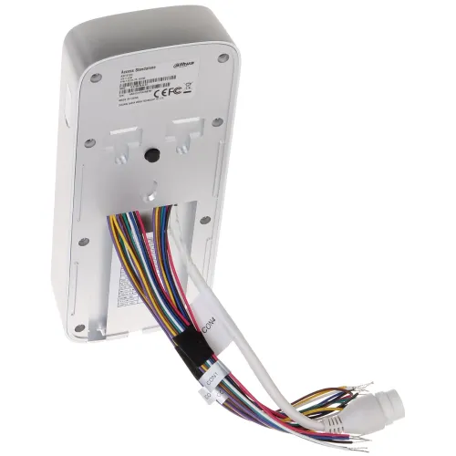 The image shows the back view of a white electronic access control device with multiple colored wires extending from the bottom. The device features mounting slots and a label with technical specifications.