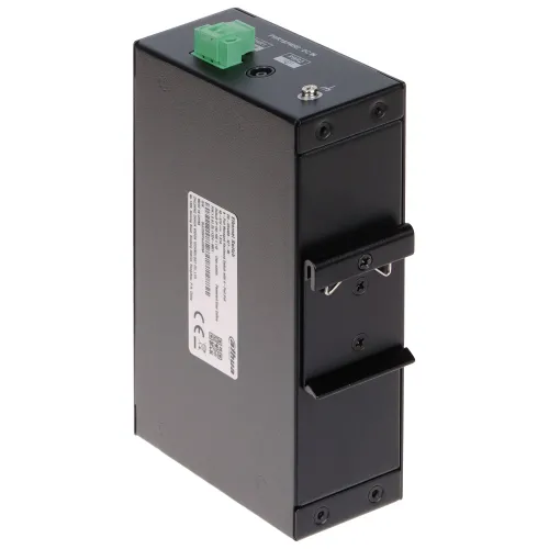 A black, rectangular industrial power supply unit with a green terminal block on top and mounting brackets on the side. The unit features a label with technical specifications and certification marks.