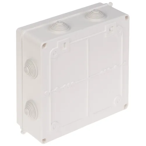 A white, rectangular electrical junction box with multiple cable entry points and a secure lid. The box features a durable design suitable for various wiring applications.