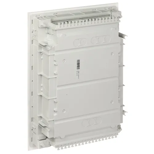The image shows a white, rectangular electrical mounting box with multiple compartments and cable entry points. It features a sturdy design with a series of knockouts for flexible installation options.