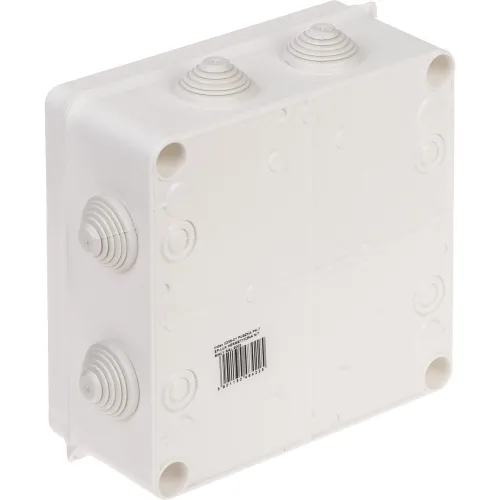 A white, square electrical junction box with multiple circular knockouts and cable entry points on its sides. The box features a barcode label on the back panel.