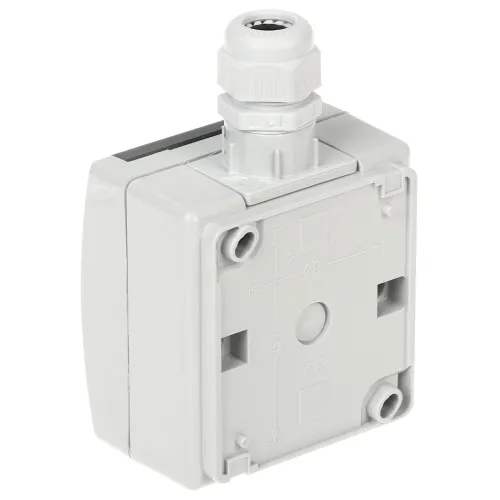 The image shows a gray electrical junction box with a cable gland on top for secure cable entry. The box features mounting holes and measurement markings on the back for easy installation.
