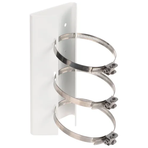 The image shows a white wall mount bracket designed for securing cylindrical objects, featuring three adjustable stainless steel hose clamps. The bracket has pre-drilled holes for easy installation on various surfaces.