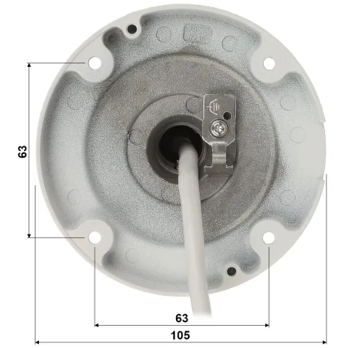 The image shows a round, metallic mounting base with a central cable entry and a securing screw. The base has a diameter of 63 mm and features multiple holes for secure attachment.