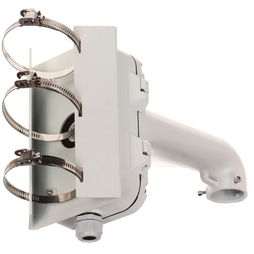 A white, wall-mounted bracket with three adjustable metal clamps designed for securing cylindrical objects. The bracket features a curved extension arm with a cable entry point, suitable for outdoor installations.