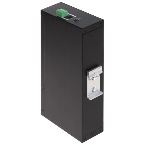 A sleek black metal enclosure with a mounting bracket and a green terminal block on top. The design is minimalist, featuring a sturdy construction suitable for industrial applications.