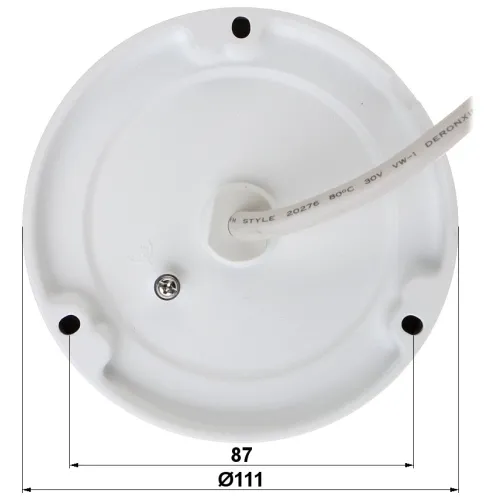 The image shows a white circular mounting base with a central cable and a visible screw for secure attachment. The base has a diameter of 111 mm and features four notches for easy installation.