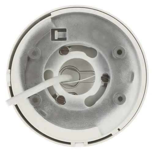 The image shows the bottom view of a round, white security camera mount with a central cable extending from the middle. The mount features multiple screw holes for secure attachment to surfaces.
