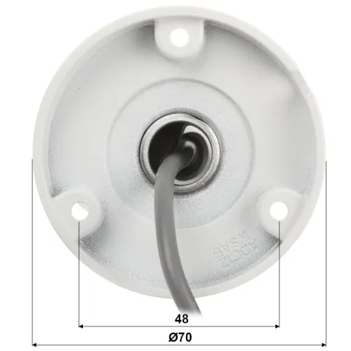 The image shows a round, white mounting base with a central cable entry and three screw holes for secure attachment. The base has a diameter of 70mm and features a smooth, metallic finish around the cable entry point.