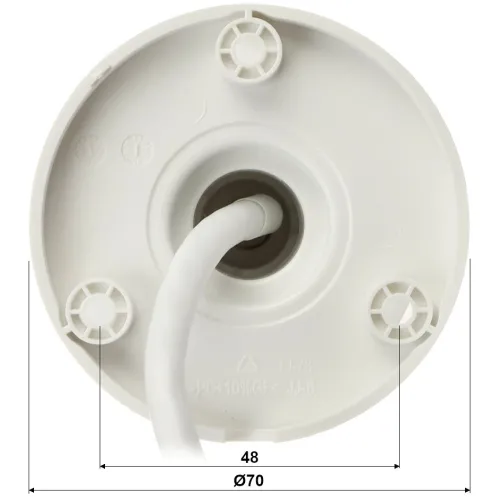 The image shows a white circular mounting base with a central cable entry and three screw holes for secure attachment. The base has a diameter of 70mm and features measurement markings for precise installation.