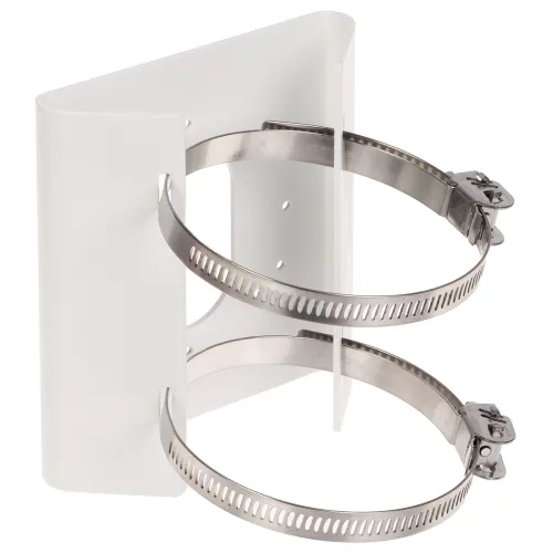 The image shows a white metal mounting bracket designed for securing devices to poles, featuring two adjustable stainless steel clamps. The bracket has a sturdy construction with a smooth finish, suitable for outdoor installations.