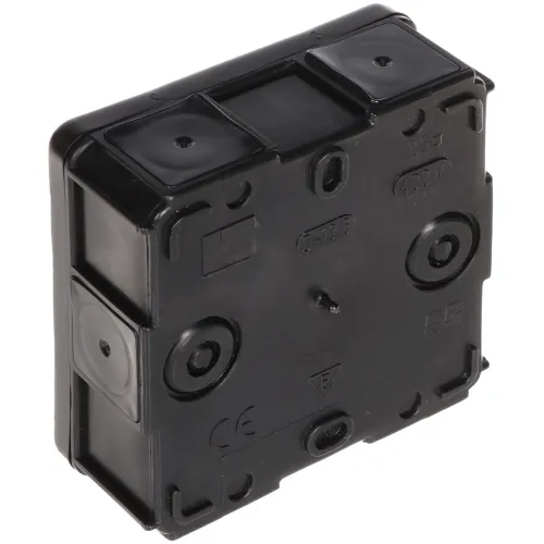 A black, rectangular electrical junction box with multiple circular entry points and a smooth surface. The box is designed for secure mounting and features various certification markings.