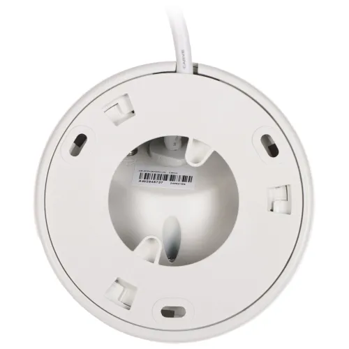 The image shows the underside of a white, circular mounting base for a security camera, featuring multiple slots for secure attachment. A cable is visible, indicating connectivity options for the device.