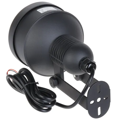 A black, industrial-style outdoor light fixture with a sturdy mounting bracket and a coiled power cable. The fixture features a robust, weather-resistant design suitable for various exterior lighting applications.