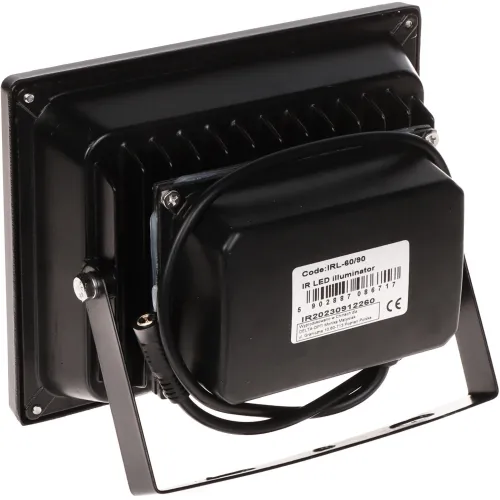 The image shows a black IR LED illuminator with a sturdy mounting bracket and a ribbed heat sink for efficient cooling. The back of the device features a label with technical specifications and certification markings.