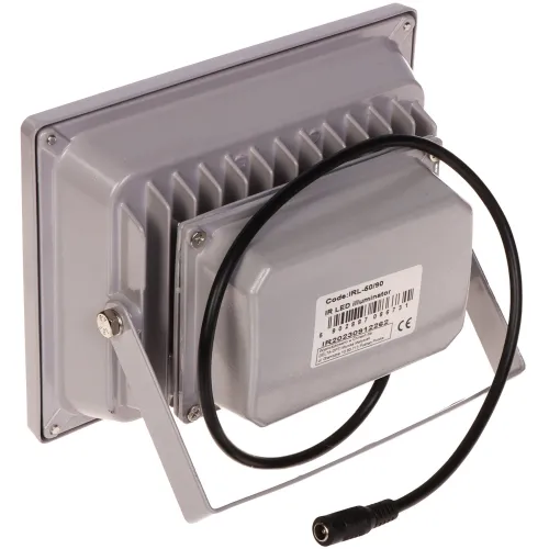 The image shows a gray LED floodlight with a sturdy metal mounting bracket and a ribbed heat sink for efficient cooling. A black power cable extends from the back, indicating easy connectivity for installation.