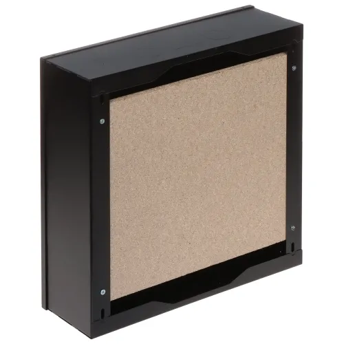 The image shows a black metal enclosure with a removable panel, designed for housing electronic components. The front panel is made of a light brown material, providing a contrast to the sleek black frame.