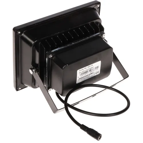 The image shows a black LED floodlight with a sturdy metal bracket for mounting. It features a cable with a connector for easy installation and a compact, durable design.