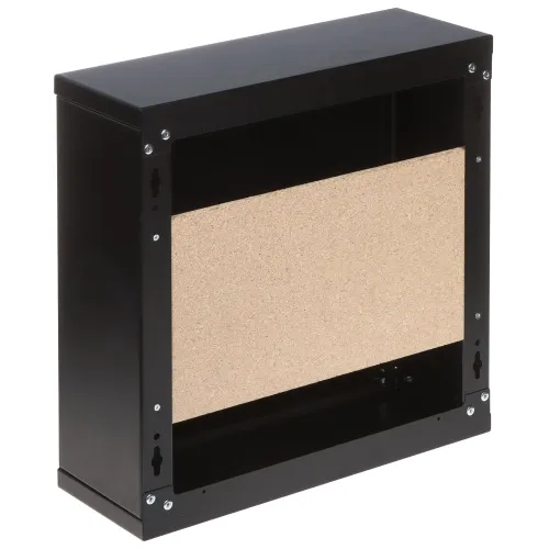 A black metal mounting box with a rectangular shape and a cork panel in the center. The box features multiple screw holes for secure installation and a sleek, minimalist design.