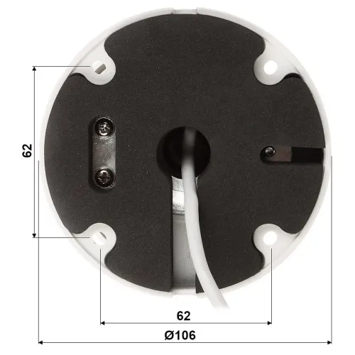 The image shows the underside of a round mounting bracket with a central cable entry and two screw holes for secure attachment. The bracket has a diameter of 106 mm and features a foam padding for stability and protection.