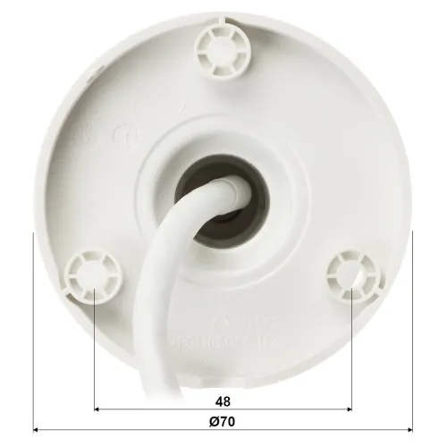 A round, white plastic mounting base with a central cable entry and four screw holes for secure attachment. The base has a diameter of 70mm and features measurement markings for precise installation.