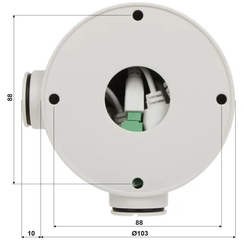 A round, white junction box with a central opening reveals internal wiring and connectors. The box features multiple entry points for cables and is shown with dimensions marked for installation reference.