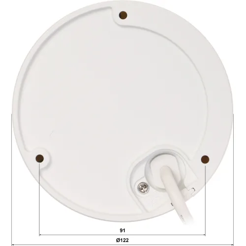 A round, white mounting base with a cable entry point and three screw holes is shown from the back. The base has a smooth finish and includes a visible measurement scale for reference.