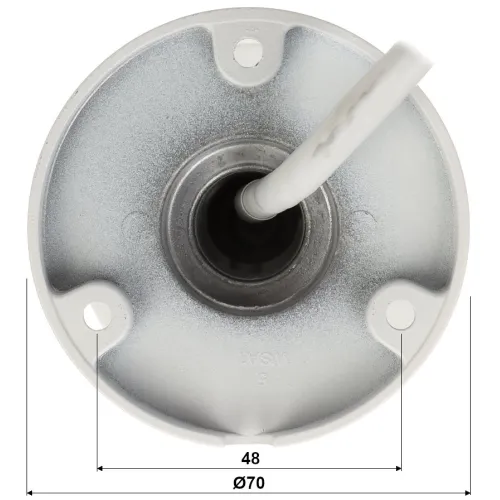 A round, metallic mounting base with a central cable entry and four screw holes for secure attachment. The base has a smooth, silver finish and is designed for easy installation on various surfaces.