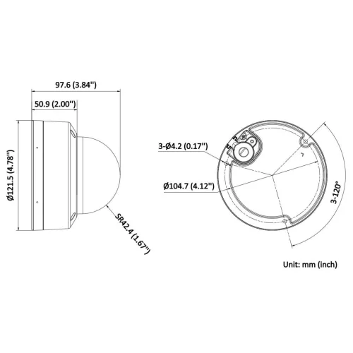 The image shows technical diagrams of a dome security camera, detailing its dimensions and mounting specifications. The camera features a compact design with precise measurements for installation, including a diameter of 121.5 mm and a height of 97.6 mm.