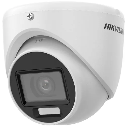 A white Hikvision dome security camera with a sleek, modern design is shown, featuring a prominent lens and a small LED light beneath it. The camera is designed for wall or ceiling mounting, providing a discreet surveillance solution.