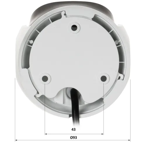 The image shows the underside of a round, white security camera mount with a central cable extending from it. The mount features three screw holes for secure attachment and is labeled with dimensions for installation reference.
