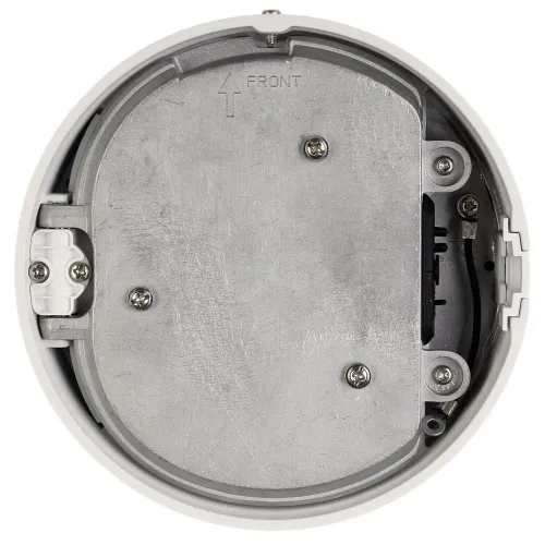 The image shows a round, metallic mounting bracket with multiple screw holes and a labeled "FRONT" indicator. It is designed for secure attachment of electronic devices, featuring a robust construction for stability.