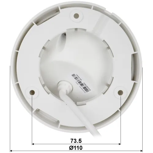 A white, circular ceiling mount with a central cable entry and four screw holes for secure installation. The mount features a smooth finish and is designed for easy attachment to various surfaces.
