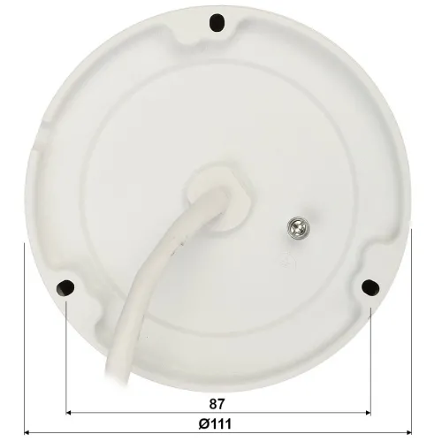 The image shows a round, white mounting base with a central cable and a small screw on the side. The base has four evenly spaced holes for secure attachment and is marked with dimensions for reference.
