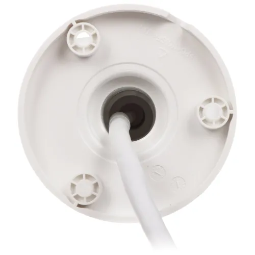 The image shows a white, circular mounting base with a central opening for cable management. It features four screw holes for secure attachment to surfaces.