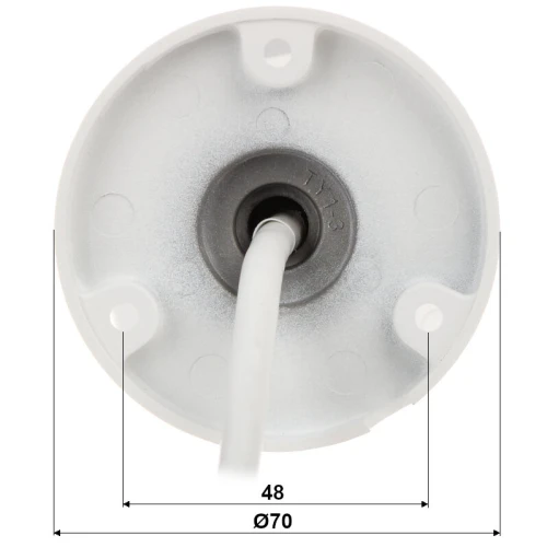 The image shows the back view of a round, white mounting base with a central cable entry. The base has a diameter of 70mm and features four screw holes for secure attachment.